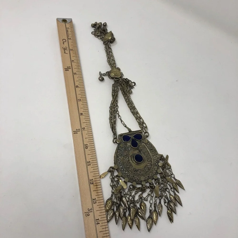 Tribal Amulet Pendant Box Jacket Closure Silver Brass Tone Blue Stone‎